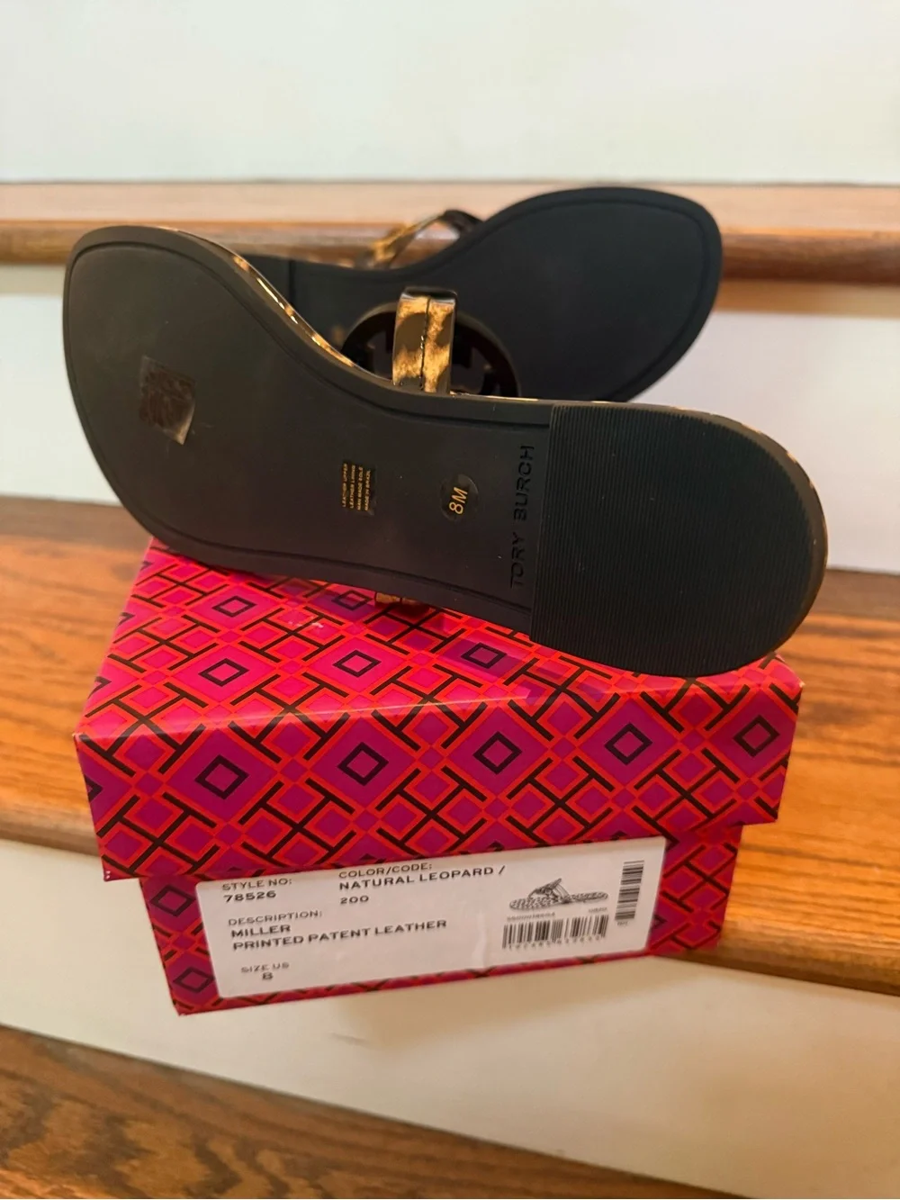 NIB Tory Burch Leopard Print Patent Miller Sandals Brown & Black Size 8